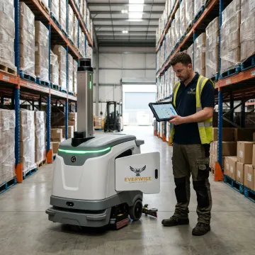 Technician testing a robotic floor scrubber