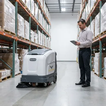 Autonomous commercial cleaning robot in a warehouse