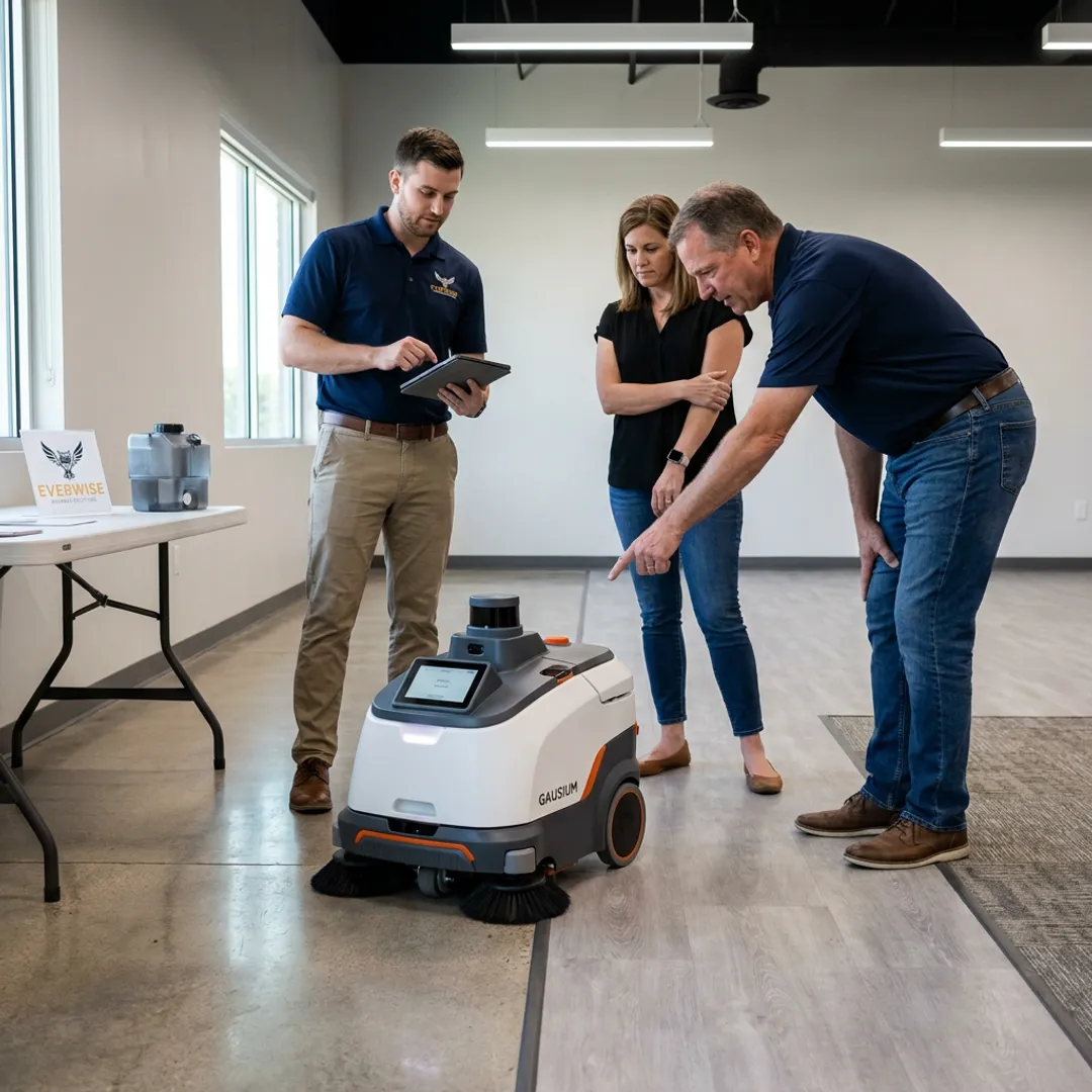 Facility team reviewing a commercial cleaning robot