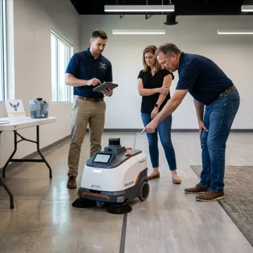 Facility team reviewing a commercial cleaning robot