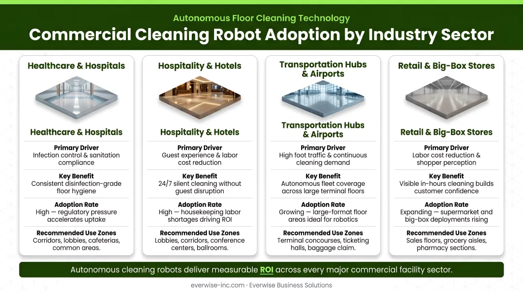 Commercial cleaning robot industry adoption comparison across hospitals hotels airports and retail sectors