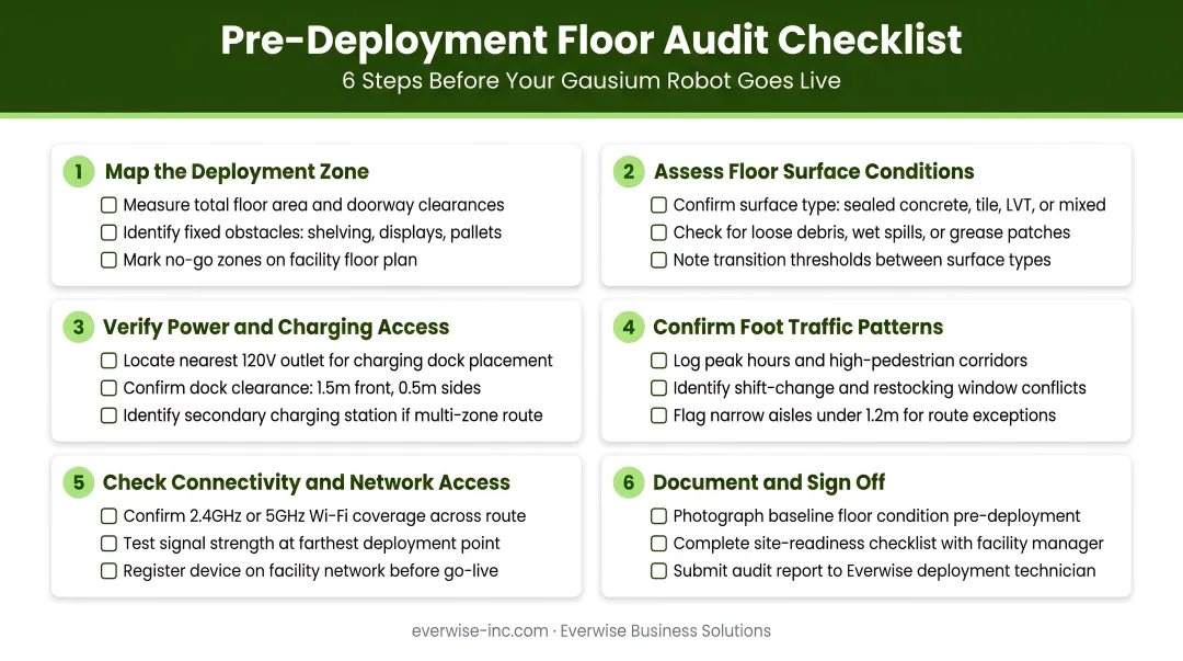 6-step pre-deployment floor audit checklist for retail cleaning robots