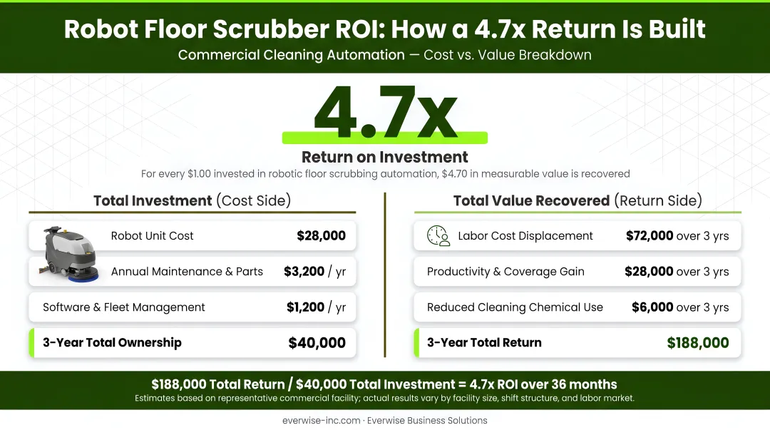 Robot floor scrubber ROI calculation example showing 4.7x return ratio breakdown