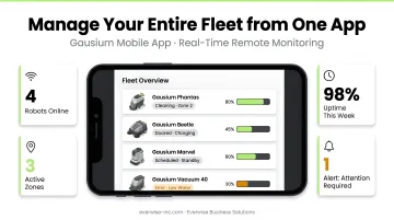 Gausium cleaning robot fleet monitored remotely via mobile app dashboard