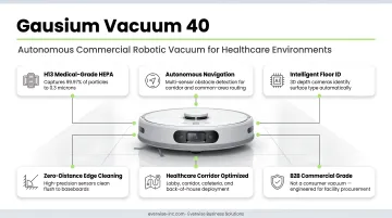Gausium Vacuum 40 autonomous hospital cleaning robot navigating healthcare corridor