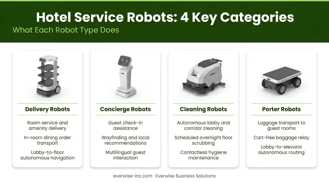 Four types of hotel service robots categories and primary functions overview