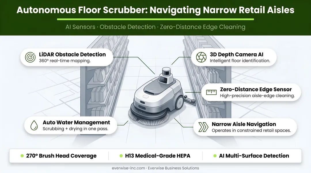 Autonomous floor scrubber robot navigating narrow retail store aisle with sensors active