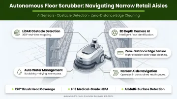Autonomous floor scrubber robot navigating narrow retail store aisle with sensors active