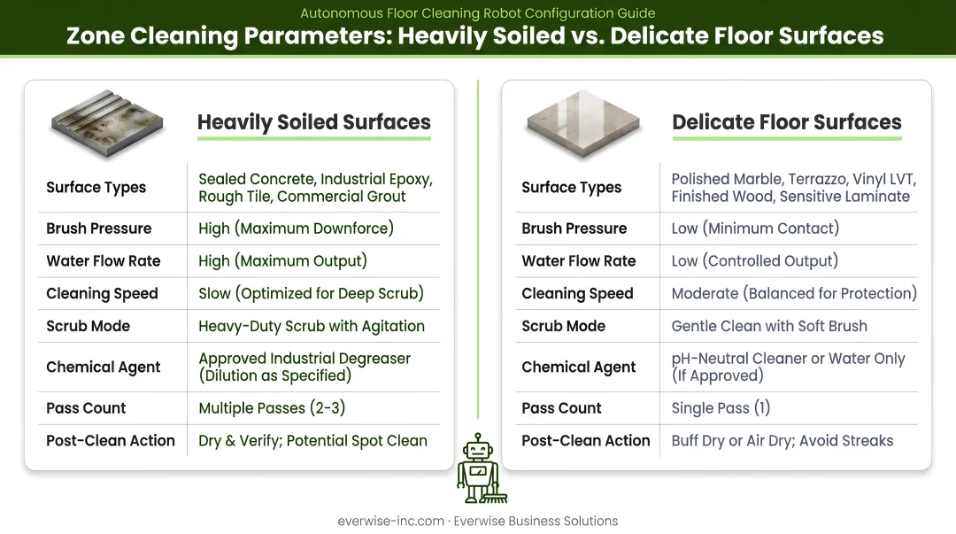 Zone cleaning parameter comparison chart for heavily soiled versus delicate floor surfaces