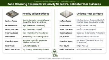 Zone cleaning parameter comparison chart for heavily soiled versus delicate floor surfaces