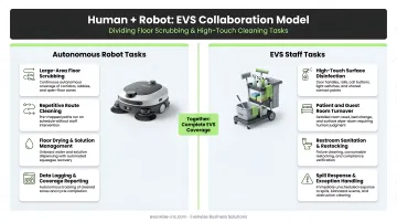 Human robot EVS collaboration model dividing floor scrubbing and high-touch cleaning tasks