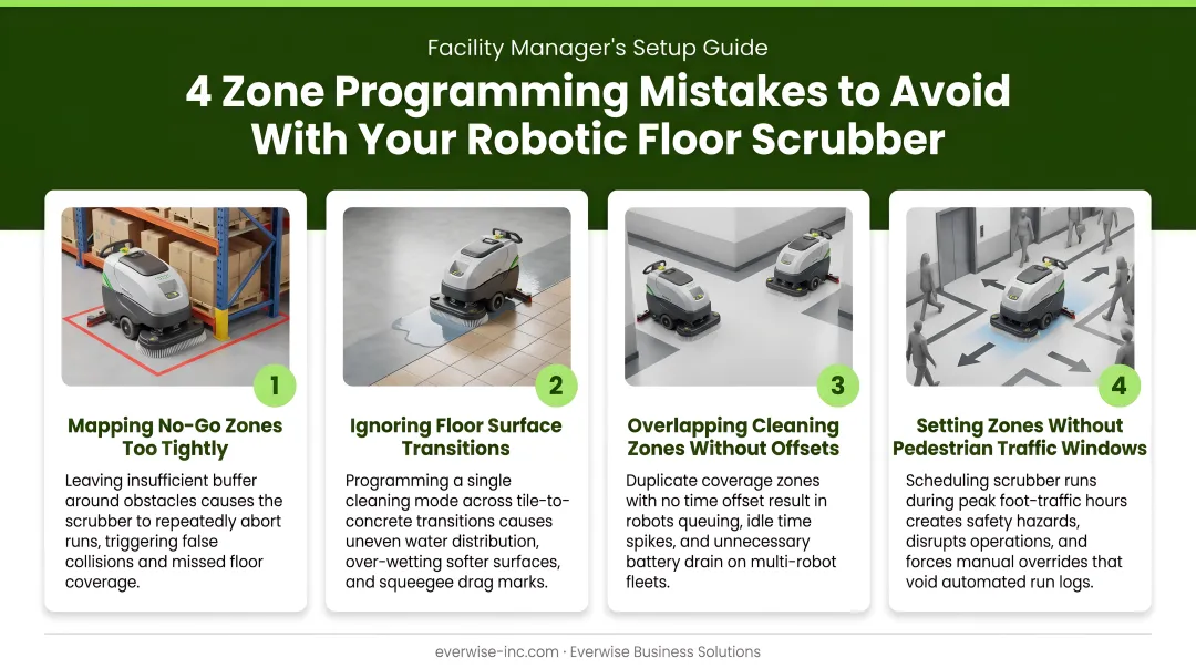 Four common robotic floor scrubber zone programming mistakes to avoid infographic