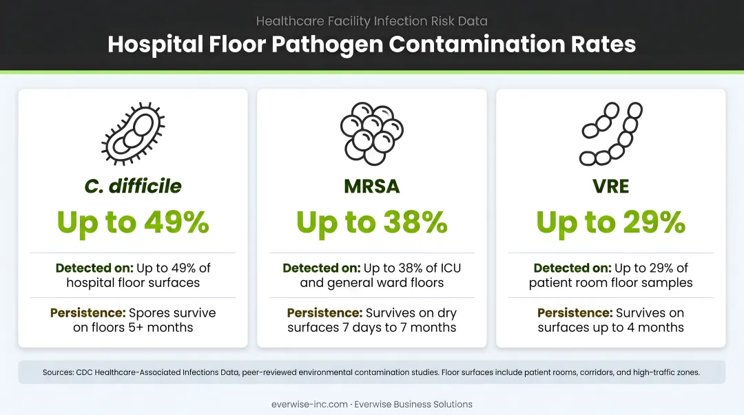 Hospital floor pathogen contamination rates C. difficile MRSA VRE statistics infographic