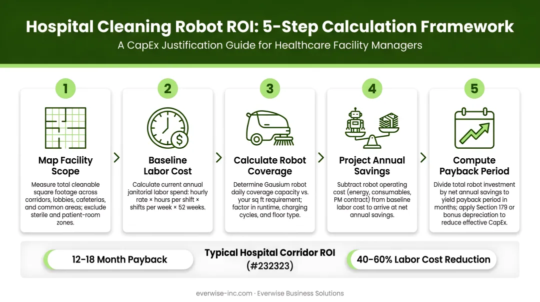 5-step hospital cleaning robot ROI calculation framework process flow diagram