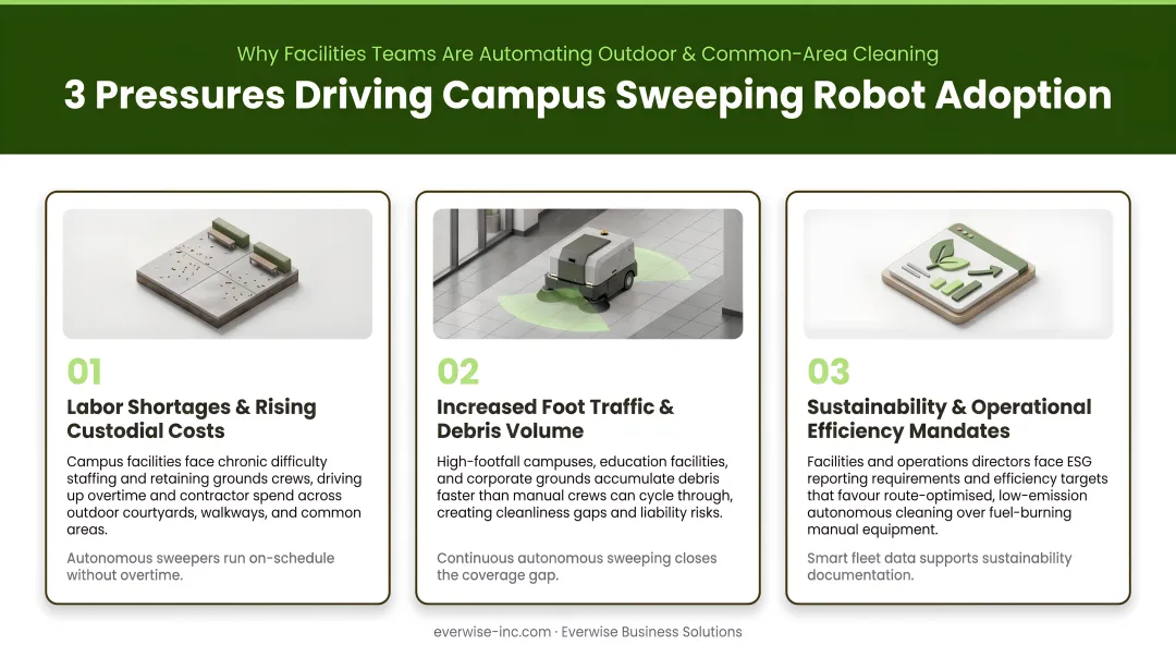 Three key pressures driving campus sweeping robot adoption infographic