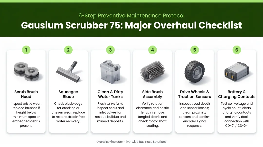 Six-step robotic scrubber major overhaul checklist with component icons and descriptions