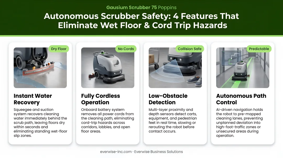 Four autonomous scrubber safety features eliminating wet floor and cord trip hazards