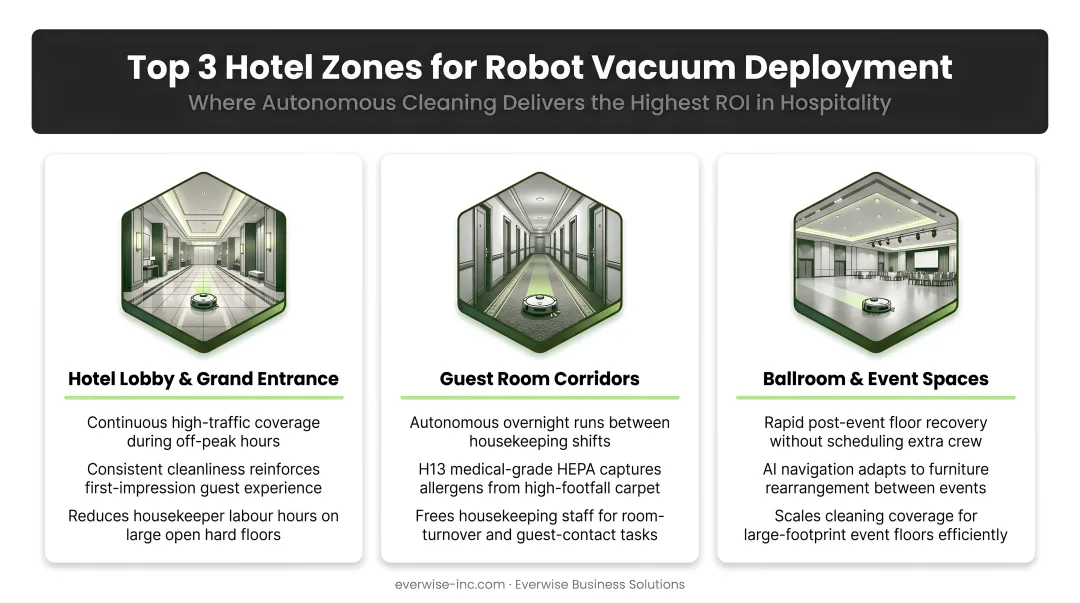 Three hotel zones best suited for robot vacuum deployment and key benefits