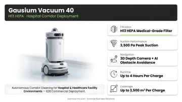 Gausium Vacuum 40 autonomous cleaning robot with H13 HEPA filter deployed in hospital corridor