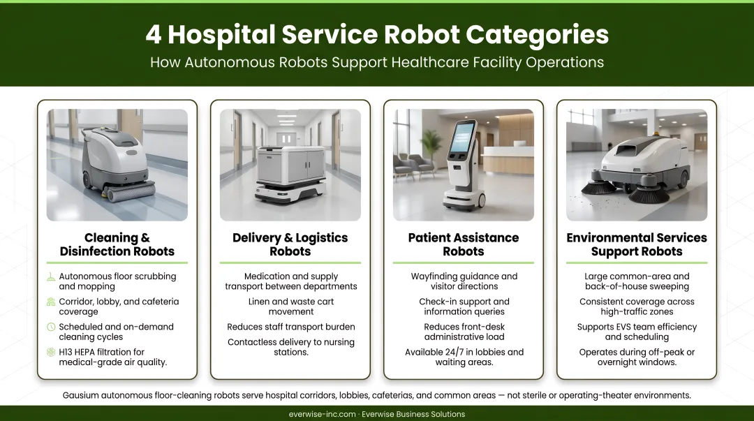 Four hospital service robot categories and their operational functions infographic