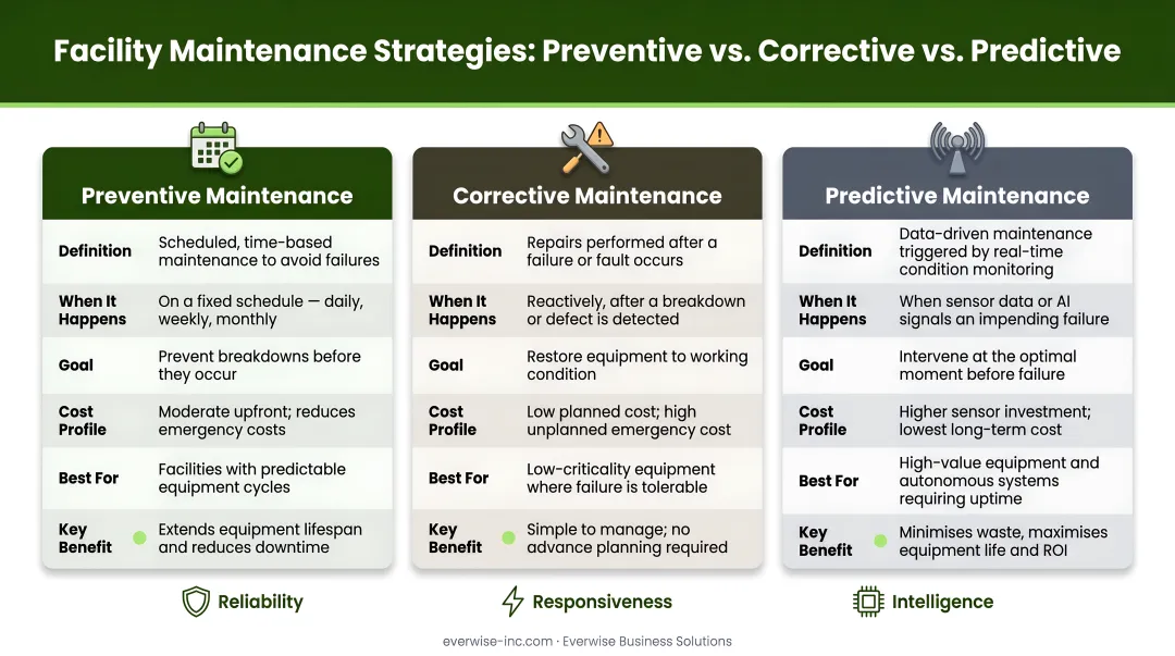 Three types of facility maintenance preventive corrective and predictive comparison infographic