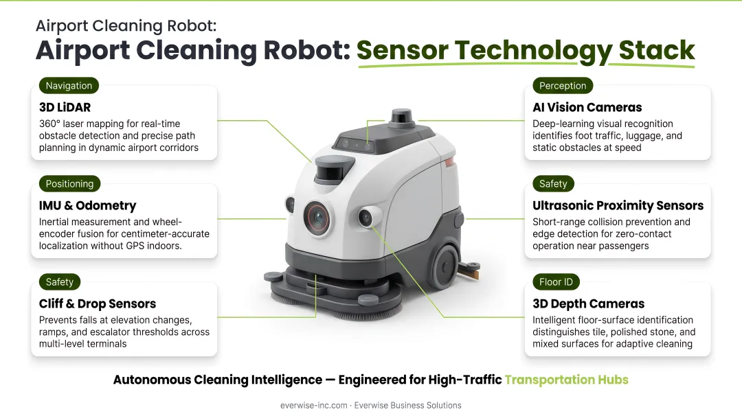 Airport cleaning robot sensor technology stack with LiDAR cameras and AI systems