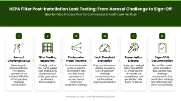 HEPA filter post-installation leak testing process flow from aerosol challenge to sign-off