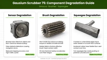 Three robotic scrubber components showing sensors brushes and squeegee degradation effects
