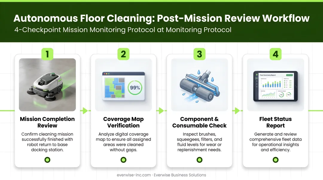 Autonomous floor cleaning mission monitoring workflow with four post-mission review checkpoints
