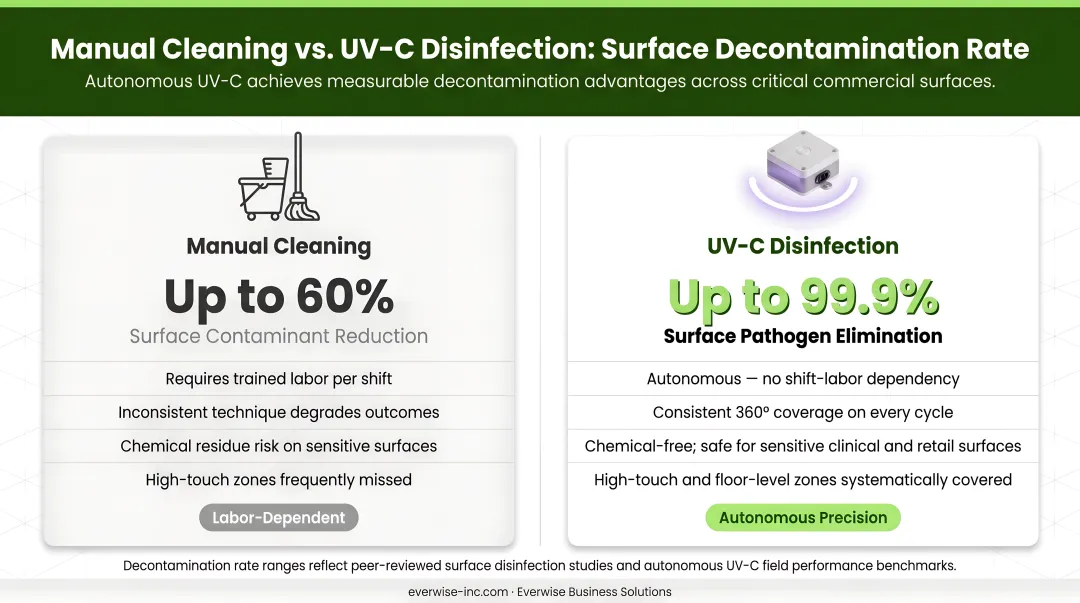 Manual cleaning versus UV-C disinfection surface decontamination rate comparison infographic