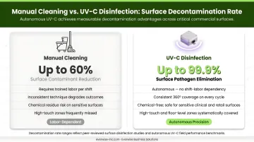Manual cleaning versus UV-C disinfection surface decontamination rate comparison infographic