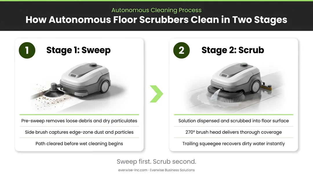Two-stage autonomous floor scrubber cleaning process sweep then scrub infographic