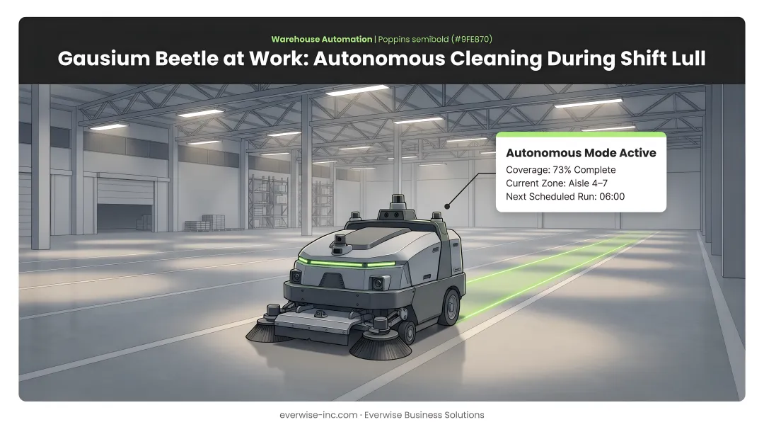 Warehouse worker monitoring autonomous floor cleaning robot operating during shift lull