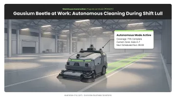 Warehouse worker monitoring autonomous floor cleaning robot operating during shift lull