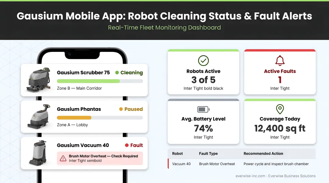 Gausium mobile app dashboard displaying robot cleaning status and fault alerts