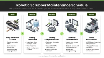 Five-interval robotic scrubber maintenance schedule from daily tasks to annual overhaul