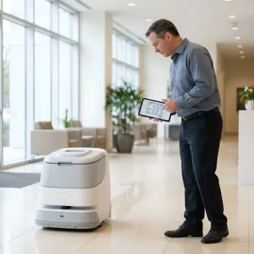Commercial facility maintenance robot in office lobby