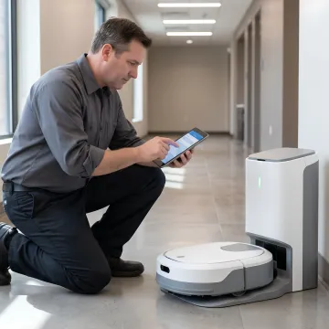 Technician configuring a commercial cleaning robot