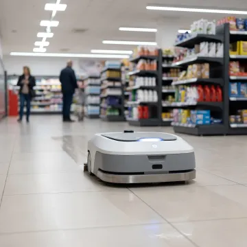 Autonomous retail cleaning robot in store aisle