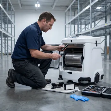 Warehouse maintenance technician with autonomous cleaning robot