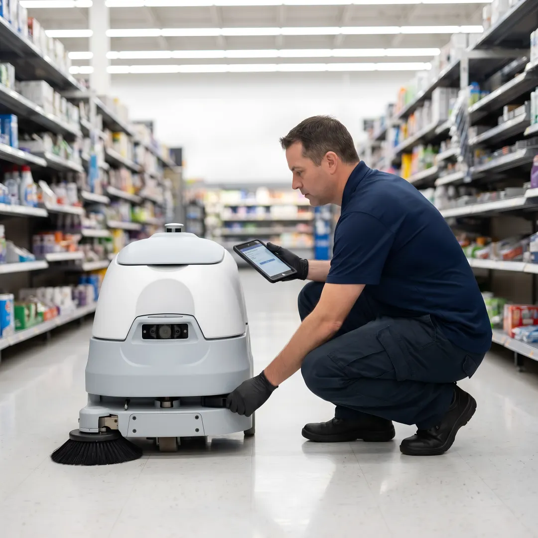 Technician servicing a retail cleaning robot