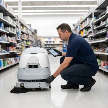 Technician servicing a retail cleaning robot