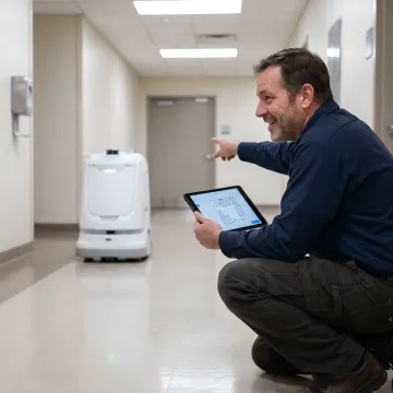 Technician mapping a healthcare corridor for robot deployment