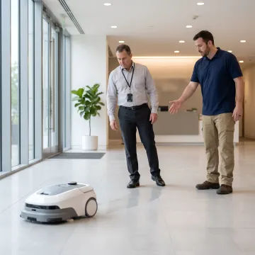 Technician demonstrating an autonomous floor cleaning robot