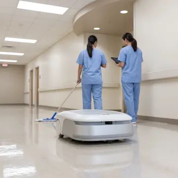 Autonomous cleaning robot in a hospital corridor