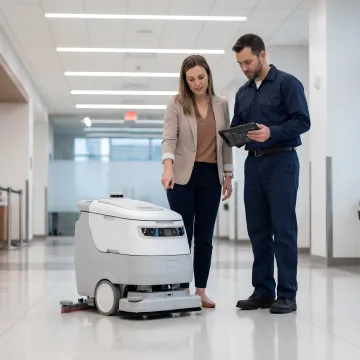Technician demonstrating commercial cleaning robot