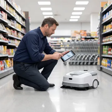 Technician configuring retail floor cleaning robot