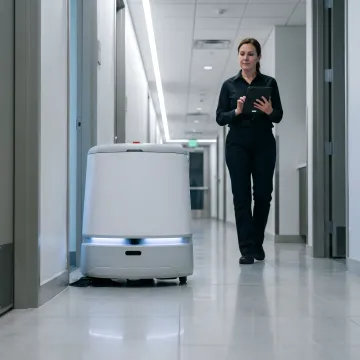 Commercial autonomous vacuum robot in facility corridor