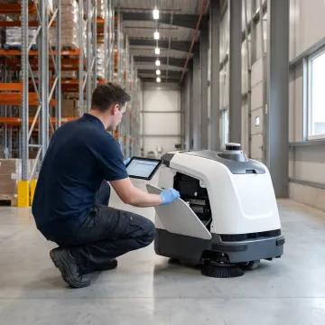 Technician inspecting warehouse cleaning robot
