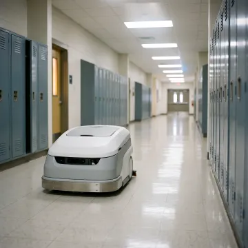 Autonomous floor cleaning robot in a school hallway
